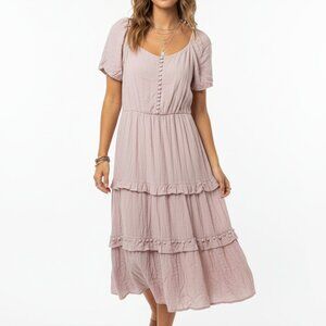 NWT Lush Womens Pink Tiered Short Sleeve Maxi Dress Size Large Boho Pastel Long